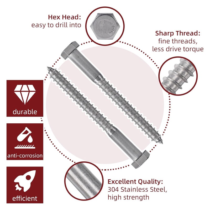 AiVeUao 50 Pack 304 Stainless Steel Wood Lag Screw, 3/8" x 4" Hex Head Lag Bolts, Heavy Duty Hex Head Lag Screws, Wood Screws 18-8 - Image 3